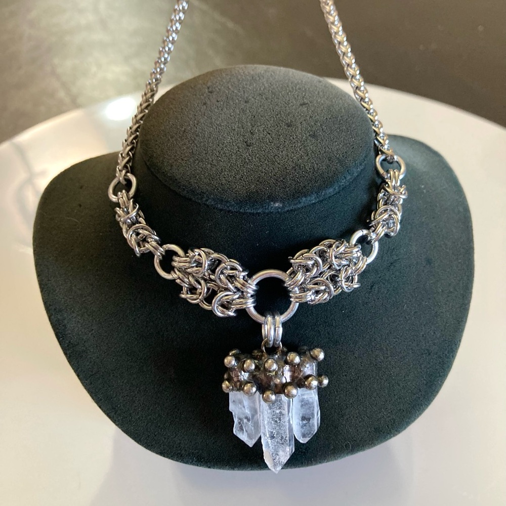 Handmade Genuine raw crystal quartz maille stainless steel boho goth necklace - Picture 10 of 13